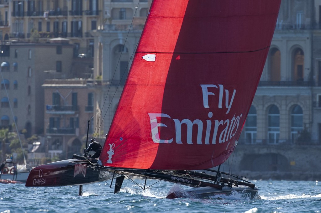Emirates Team New Zealand lead the way in the fourth race of the regatta on day two of the America’s Cup World Series in Naples.  © Chris Cameron/ETNZ http://www.chriscameron.co.nz