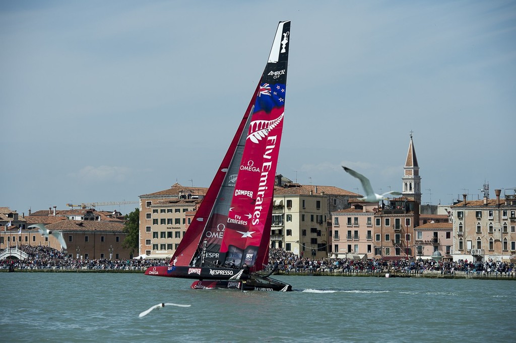 Emirates Team New Zealand leads down the first run in the first race on day two. America's Cup World Series Venice regatta. Venice Italy. 18/5/2012 photo copyright Emirates Team New Zealand / Photo Chris Cameron ETNZ  taken at  and featuring the  class