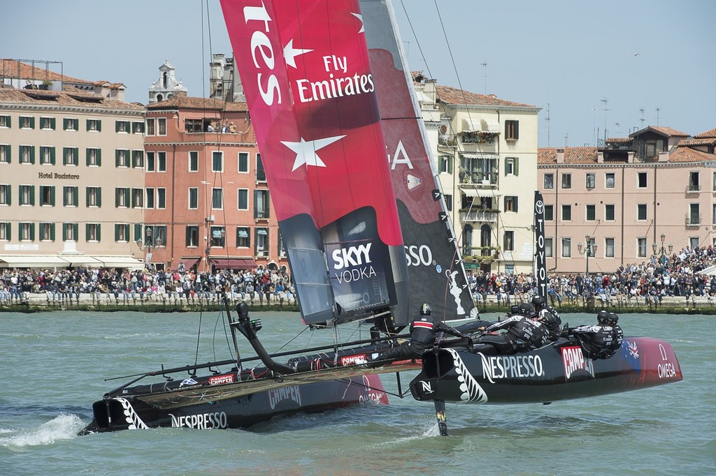 Emirates Team New Zealand in the first race on day two. America's Cup World Series Venice regatta. Venice Italy. 18/5/2012 photo copyright Emirates Team New Zealand / Photo Chris Cameron ETNZ  taken at  and featuring the  class