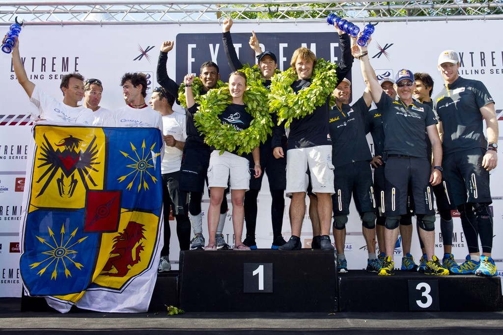 Podium positions for The Wave, Muscat, Groupe Edmond de Rothschild and Red Bull Sailing Team - Extreme Sailing Series 2012 Act 3 photo copyright  Vincent Curutchet / Dark Frame http://www.extremesailingseries.com/ taken at  and featuring the  class
