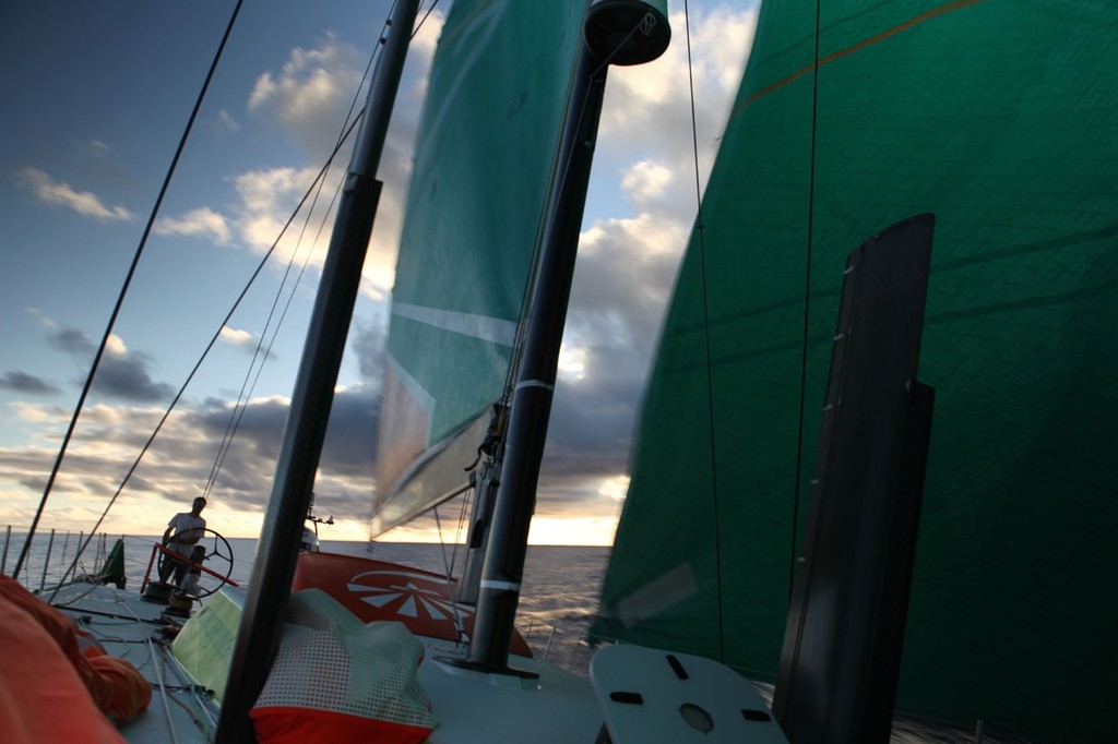 Only one person on deck? Groupama Sailing Team on Day 4 of Leg 6 - Volvo Ocean Race 2011-12 photo copyright Yann Riou/Groupama Sailing Team /Volvo Ocean Race http://www.cammas-groupama.com/ taken at  and featuring the  class