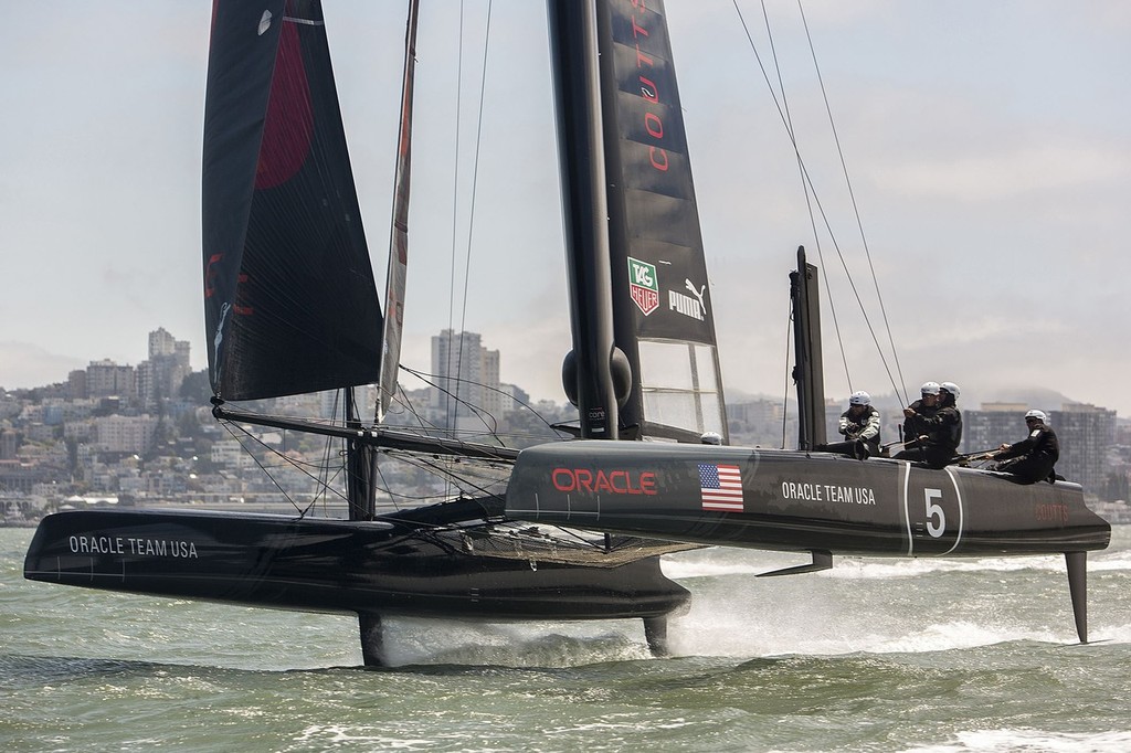 Oracle Team USA shows a hoisted L-dagger board while trialing in San Francisco on the AC45’s photo copyright Guilain Grenier Oracle Team USA http://www.oracleteamusamedia.com/ taken at  and featuring the  class