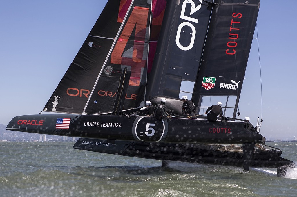 Oracle Team USA shows a hoisted L-dagger board, to windward, with the leeward hull fully supported and flying, while trialing in San Francisco on the AC45’s © Guilain Grenier Oracle Team USA http://www.oracleteamusamedia.com/