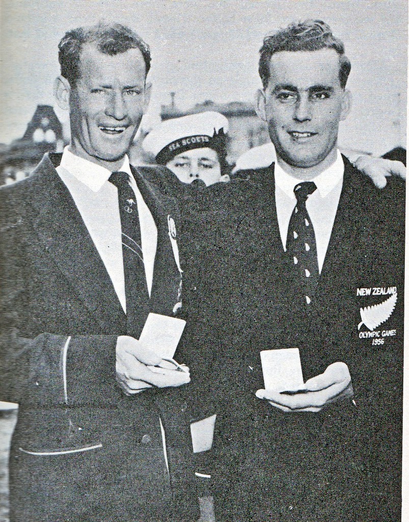 Rolly Tasker(left) with his Silver Medal. Peter Mander (NZL, right) won the Gold Medal - 1956 Olympics photo copyright SW taken at  and featuring the  class