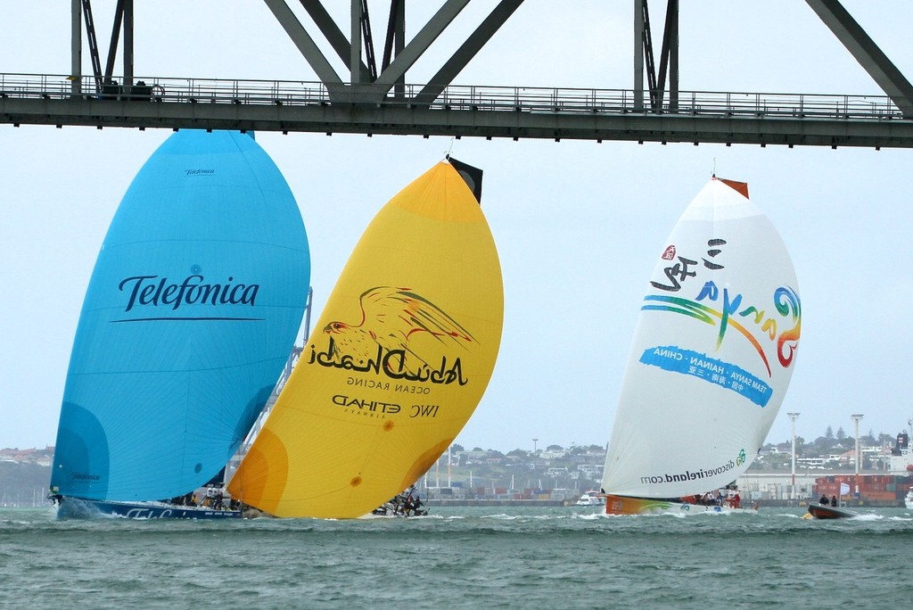 Telefonica, Abu Dhabi and Team Sanya framed bu the Auckland Harbour Bridge - Inport-Auckland-VOR (3) - Volvo Ocean Race: In Port Race, Auckland March 17, 2012 photo copyright Richard Gladwell www.photosport.co.nz taken at  and featuring the  class