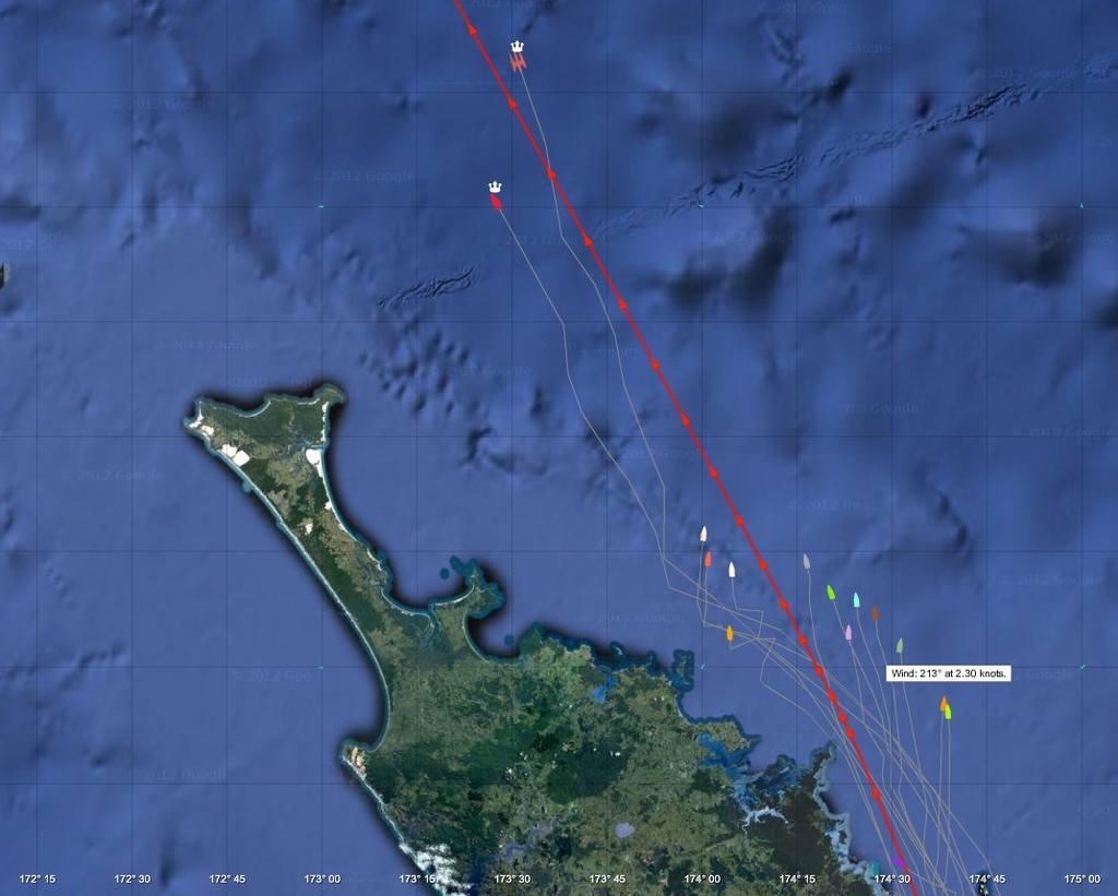 Yellowbrick plot of the race fleet as at 1530hrs June 3, 2012, showing TVS and Beau Geste well to the north of NZ, while the 50fters approach Tom Bowling Bay - Evolution Sails Sail Noumea 2012 photo copyright PredictWind.com www.predictwind.com taken at  and featuring the  class