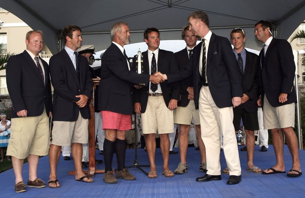 Rives Potts and his Carina crew, presented with the St David’s Lighthouse Trophy by His Excellency Mr George Fergusson, the Governor of Bermuda.<br />
 © Barry Pickthall/PPL http://www.pplmedia.com