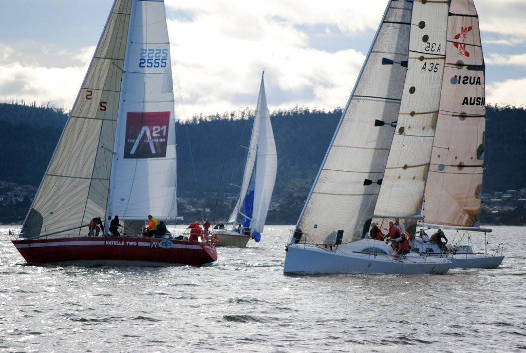 Natelle II leads Archie around the leeward mark - Derwent Sailing Squadron Winter Series 2012 photo copyright Rob Cruse taken at  and featuring the  class
