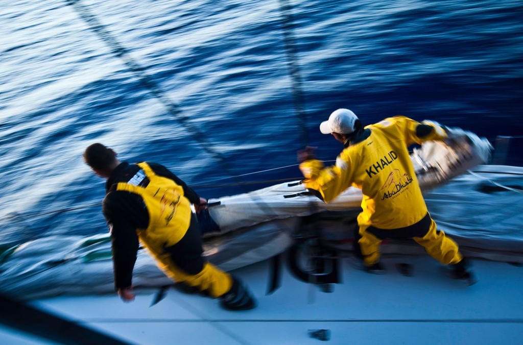 Wade Morgan and Adil Khalid shift the stack. Abu Dhabi Ocean Racing during leg 8 of the Volvo Ocean Race 2011-12 photo copyright Nick Dana/Abu Dhabi Ocean Racing /Volvo Ocean Race http://www.volvooceanrace.org taken at  and featuring the  class