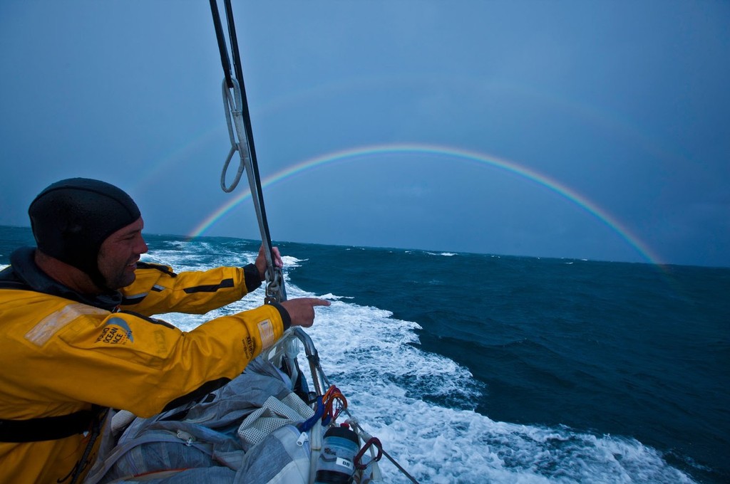Wade Morgan finds the end of a double rainbow, onboard Abu Dhabi Ocean Racing during leg 8 of the Volvo Ocean Race 2011-12, from Lisbon, Portugal to Lorient, France. photo copyright Nick Dana/Abu Dhabi Ocean Racing /Volvo Ocean Race http://www.volvooceanrace.org taken at  and featuring the  class