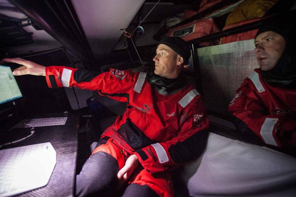 Tom Addis and Brad Jackson in the nav station onboard PUMA Ocean Racing powered by BERG during leg 9 of the Volvo Ocean Race 2011-12, from Lorient, France to Galway, Ireland. (Credit: Amory Ross/PUMA Ocean Racing/Volvo Ocean Race)  © Amory Ross/Puma Ocean Racing/Volvo Ocean Race http://www.puma.com/sailing