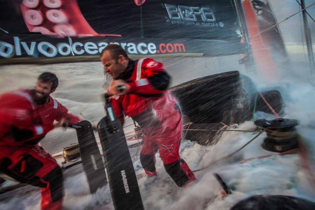 Ryan Godfrey (R ) and Shannon Falcone (L) trim the main after shaking the first reef. Onboard PUMA Ocean Racing powered by BERG during leg 6 of the Volvo Ocean Race 2011-12, from Itajai, Brazil, to Miami, USA. (Credit: Amory Ross/PUMA Ocean Racing/Volvo Ocean Race) photo copyright Amory Ross/Puma Ocean Racing/Volvo Ocean Race http://www.puma.com/sailing taken at  and featuring the  class