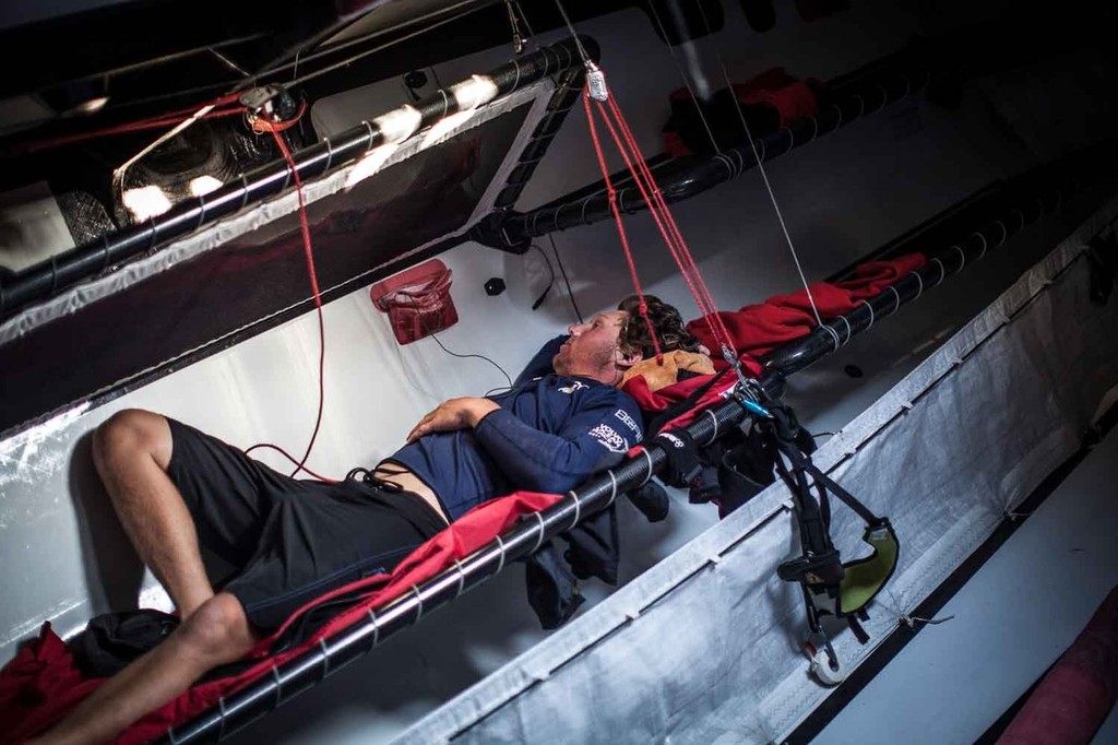 Rome Kirby taking a breather in his bunk. Onboard PUMA Ocean Racing powered by BERG during leg 7 of the Volvo Ocean Race 2011-12 © Amory Ross/Puma Ocean Racing/Volvo Ocean Race http://www.puma.com/sailing