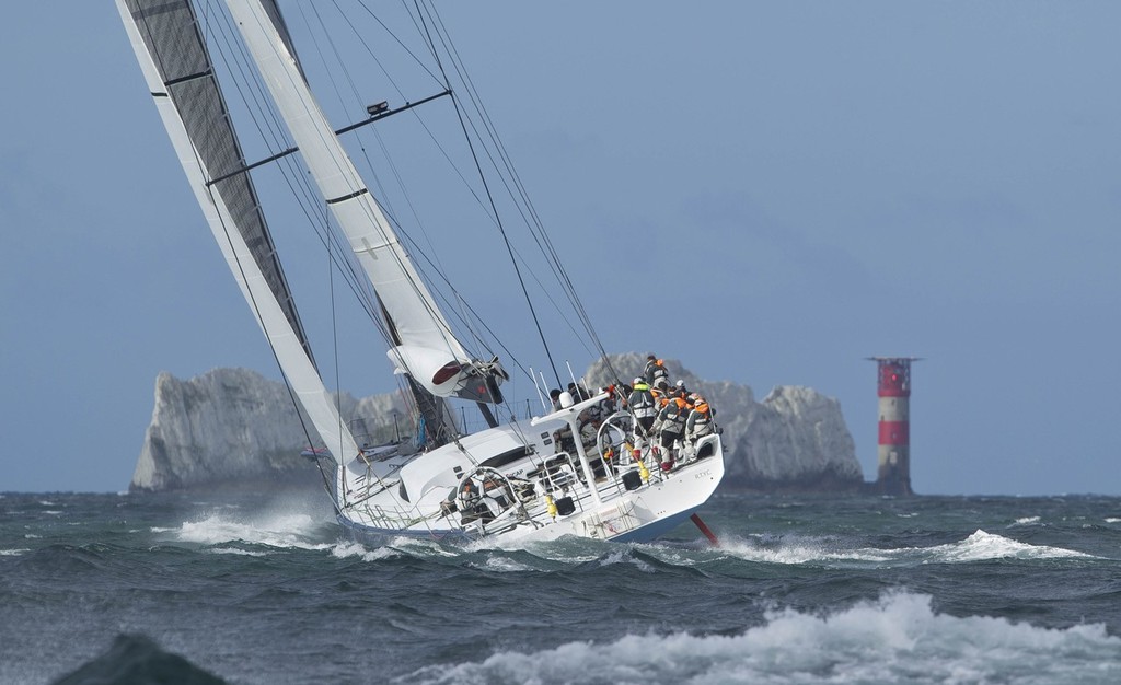 The ’Leopard’ approaching The Needles at the J.P. Morgan Asset Management Round the Island Race photo copyright onEdition http://www.onEdition.com taken at  and featuring the  class