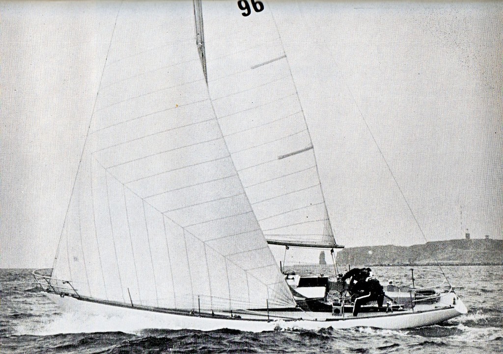 Rainbow II goes into action soon after the start of Race 4 in the 1969 One Ton Cup off Heligoland, Germany. The large overlapping genoa and small main were encouraged by the rating rule of the time. © SW