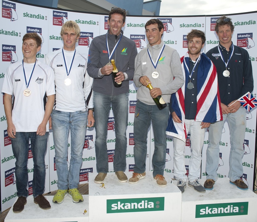 Mathew Belcher, Malcolm Page (AUS), Luke Patience, Stuart Bithell (GBR), Paul Snow-Hansen, Jason Saunders (NZL), receives awards on Day 6 of the Skandia Sail for Gold Regatta, in Weymouth © onEdition http://www.onEdition.com
