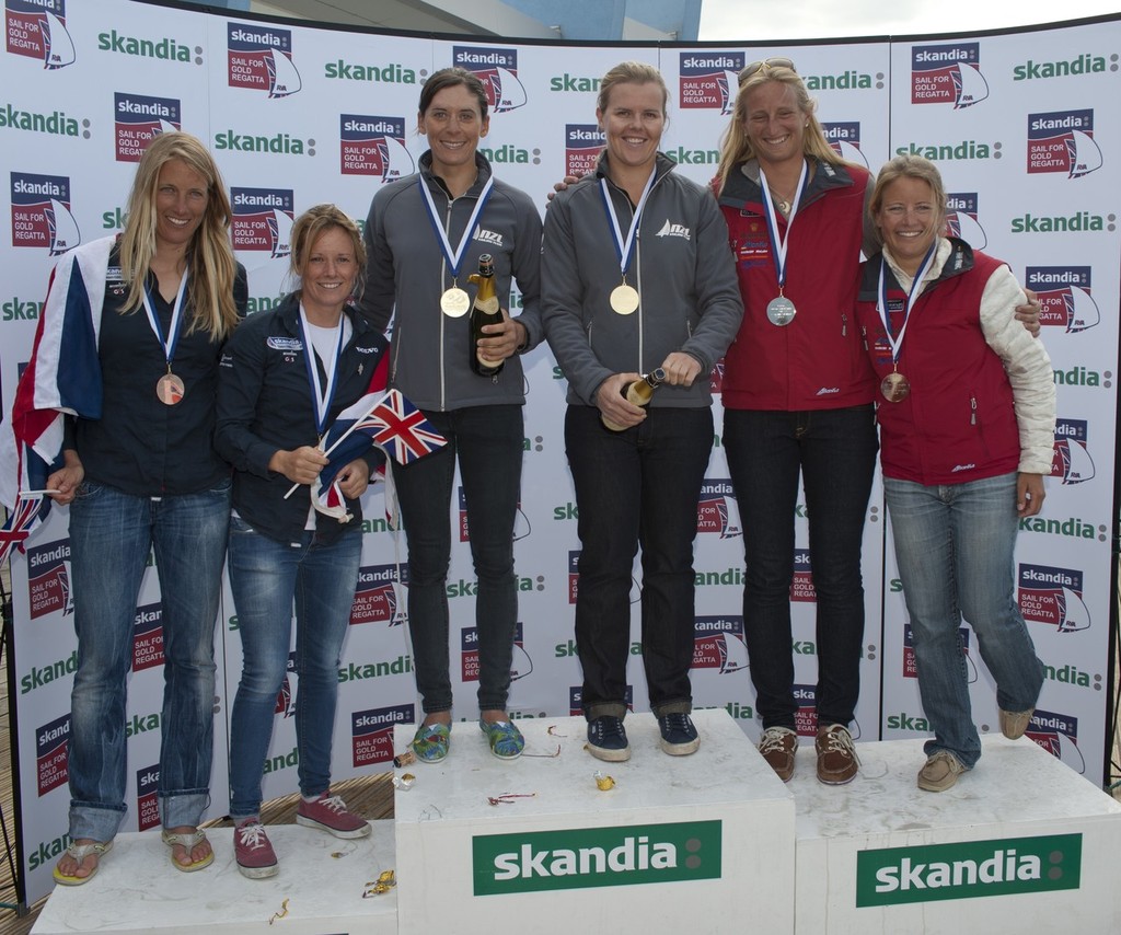 20120604  Copyright onEdition 2012©  
Free for editorial use image, please credit: onEdition  
  
Jo Aleh, Olivia Polly Powrie (NZL), Amanda Clark, Sarah Lihan (USA), Hannah Mills, Saskia Clark (GBR), receives awards on Day 6 of the Skandia Sail for Gold Regatta, in Weymouth and Portland, the 2012 Olympic venue. The regatta runs from 4 - 11 June 2012, bringing together the world's top Olympic and Paralympic class sailors.  
   
2012 marks the seventh edition of Skandia Sail for Gold Regatta. The inaugural photo copyright onEdition http://www.onEdition.com taken at  and featuring the  class