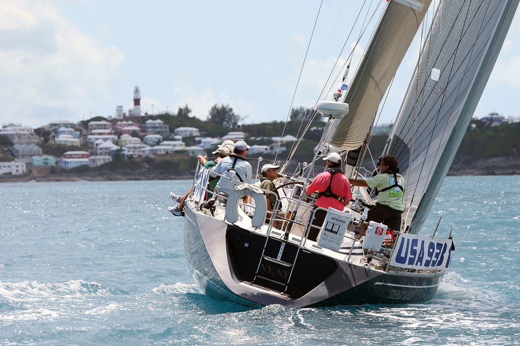 Joseph Mele's Triple Lindy, a Swan 44 MkII, from New York NY tacks for the finish line off of St. David's Lighthouse in the 2010 Newport Bermuda Race.
Triple Lindy came 4th in class 3 and 15th in the St. David's Lighthouse Division. Mele's Swan will join 94 other entries in the division for 2012. photo copyright Charles Anderson taken at  and featuring the  class