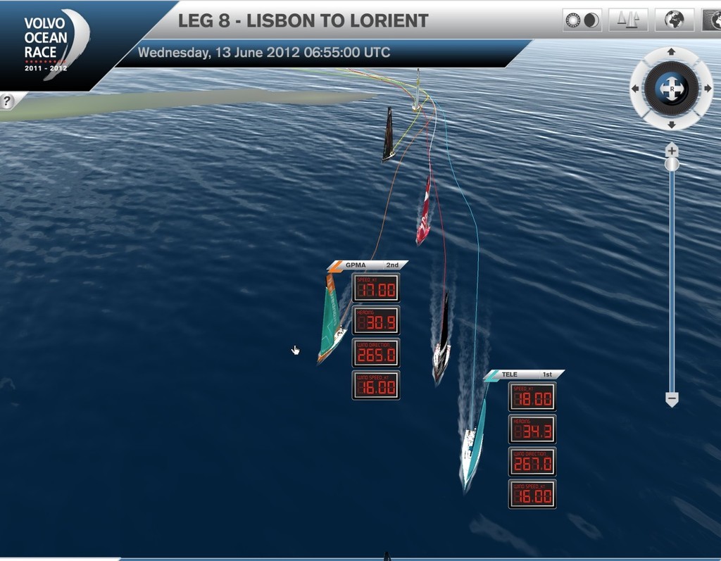 Telefonica leads with Team Sanya just rounding Sao Miguel, Leg 8 Volvo Ocean Race. Boat speed is on the top readout, windspeed on the bottom. Both Groupama and Telefonica are sailing at windspeed. photo copyright Virtual Eye/Volvo Ocean Race http://www.virtualeye.tv/ taken at  and featuring the  class