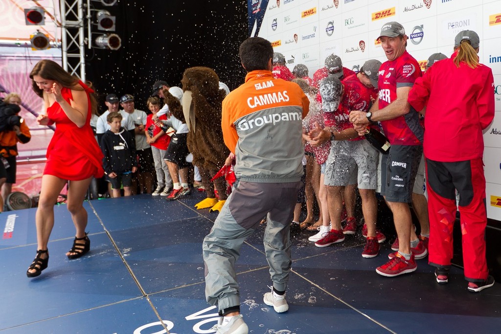 Groupama Sailing Team skipper Franck Cammas sprays champagne over winners CAMPER with Emirates Team New Zealand, skippered by Chris Nicholson from Australia, after the Auckland In-Port Race, during the Volvo Ocean Race 2011-12. (Credit: IAN ROMAN/Volvo Ocean Race) - Volvo Ocean Race, In Port Race, Auckland March 17, 2012 photo copyright Ian Roman/Volvo Ocean Race http://www.volvooceanrace.com taken at  and featuring the  class