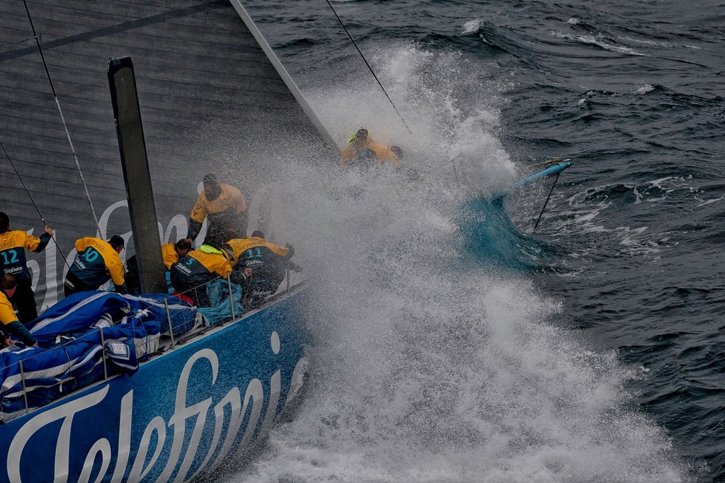 Team Telefonica, skippered by Iker Martinez from Spain, changing sails in rough weather, at the start of leg 5 from Auckland, New Zealand to Itajai, Brazil, during the Volvo Ocean Race 2011-12. (Credit: PAUL TODD/Volvo Ocean Race) - Volvo Ocean Race - Leg 5 - Day 1 photo copyright Paul Todd/Volvo Ocean Race http://www.volvooceanrace.com taken at  and featuring the  class