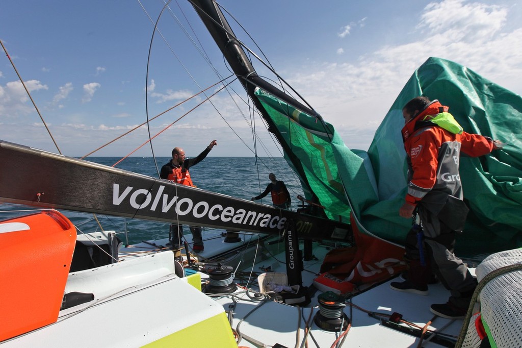 Groupama Sailing Team, skippered by Franck Cammas from France, suspend racing from leg 5 of the Volvo Ocean Race 2011-12, from Auckland, New Zealand to Itajai, Brazil, after the mast broke just above the first spreader around 60 nautical miles south of Punta del Este. (Credit: Yann Riou/Groupama Sailing Team/Volvo Ocean Race) photo copyright Yann Riou/Groupama Sailing Team /Volvo Ocean Race http://www.cammas-groupama.com/ taken at  and featuring the  class