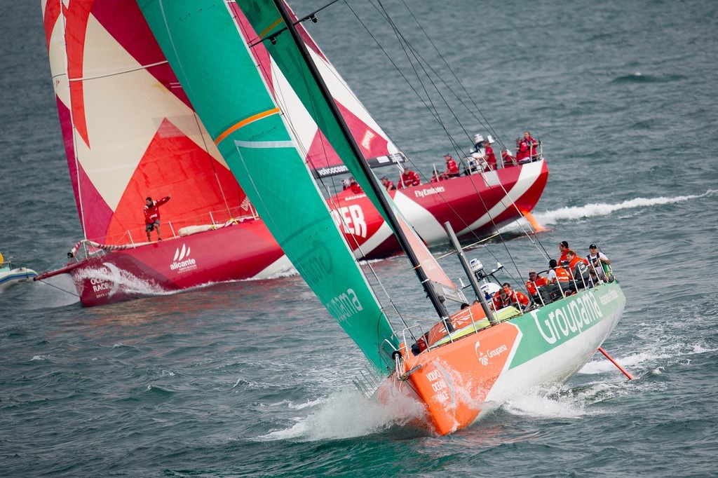 Groupama Sailing Team, skippered by Franck Cammas from France, lead CAMPER with Emirates Team New Zealand, during the DHL In-Port Race Itajai, Brazil, in the Volvo Ocean Race 2011-12. (Credit: PAUL TODD/Volvo Ocean Race) photo copyright Paul Todd/Volvo Ocean Race http://www.volvooceanrace.com taken at  and featuring the  class