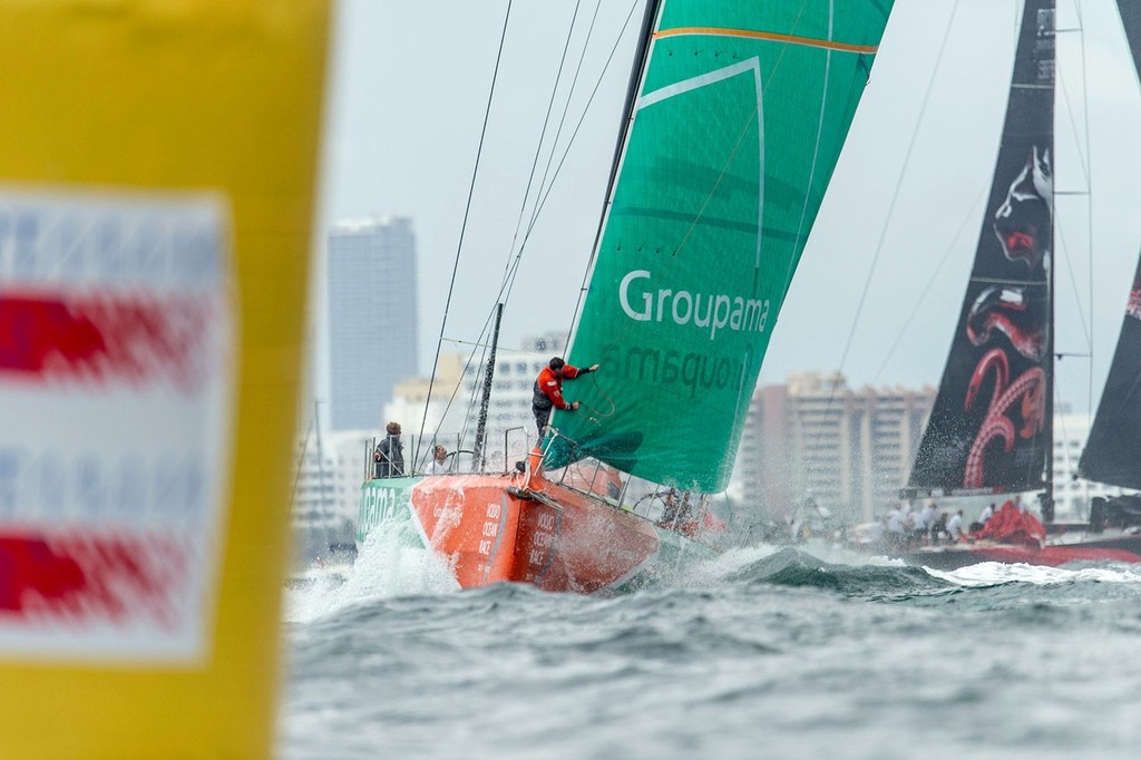 Groupama Sailing Team, skippered by Franck Cammas from France approaching a rounding mark, during the Port Miami In-Port Race, during the Volvo Ocean Race 2011-12. © Paul Todd/Volvo Ocean Race http://www.volvooceanrace.com