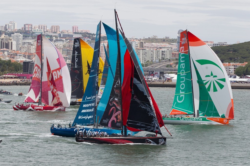 2 - Telefonica (blue sails) powers up to leeward of Puma soon after the start of the Oeiras In-Port Race in Lisbon, during the Volvo Ocean Race 2011-12. photo copyright Ian Roman/Volvo Ocean Race http://www.volvooceanrace.com taken at  and featuring the  class
