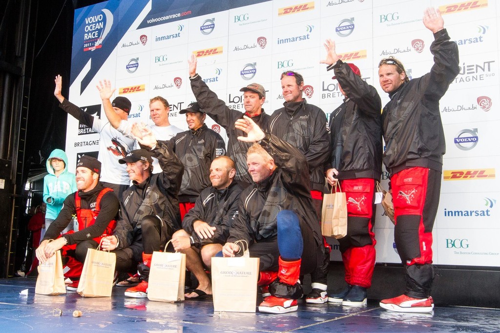 PUMA Ocean Racing powered by BERG, skippered by Ken Read from the USA celebrate taking third place on leg 8, from Lisbon, Portugal to Lorient, France, during the Volvo Ocean Race 2011-12. (IAN ROMAN/Volvo Ocean Race) photo copyright Ian Roman/Volvo Ocean Race http://www.volvooceanrace.com taken at  and featuring the  class