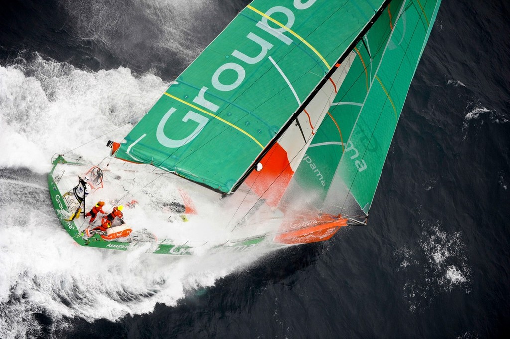 Race leaders Groupama Sailing Team, skippered by Franck Cammas from France, lead the fleet at full speed, on the approach to the finish of leg 8, from Lisbon, Portugal, to Lorient, France, during the Volvo Ocean Race 2011-12. (Credit: PAUL TODD/Volvo Ocean Race) photo copyright Paul Todd/Volvo Ocean Race http://www.volvooceanrace.com taken at  and featuring the  class