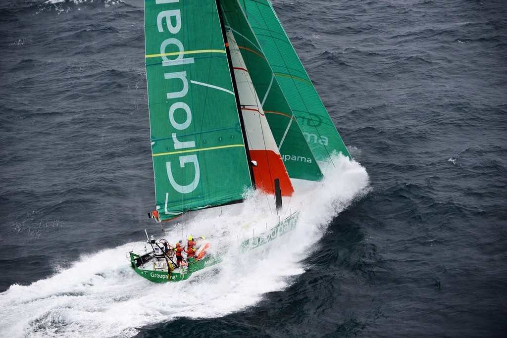 Race leaders Groupama Sailing Team, skippered by Franck Cammas from France, lead the fleet at full speed, on the approach to the finish of leg 8, from Lisbon, Portugal, to Lorient, France, during the Volvo Ocean Race 2011-12. (Credit: PAUL TODD/Volvo Ocean Race) photo copyright Paul Todd/Volvo Ocean Race http://www.volvooceanrace.com taken at  and featuring the  class