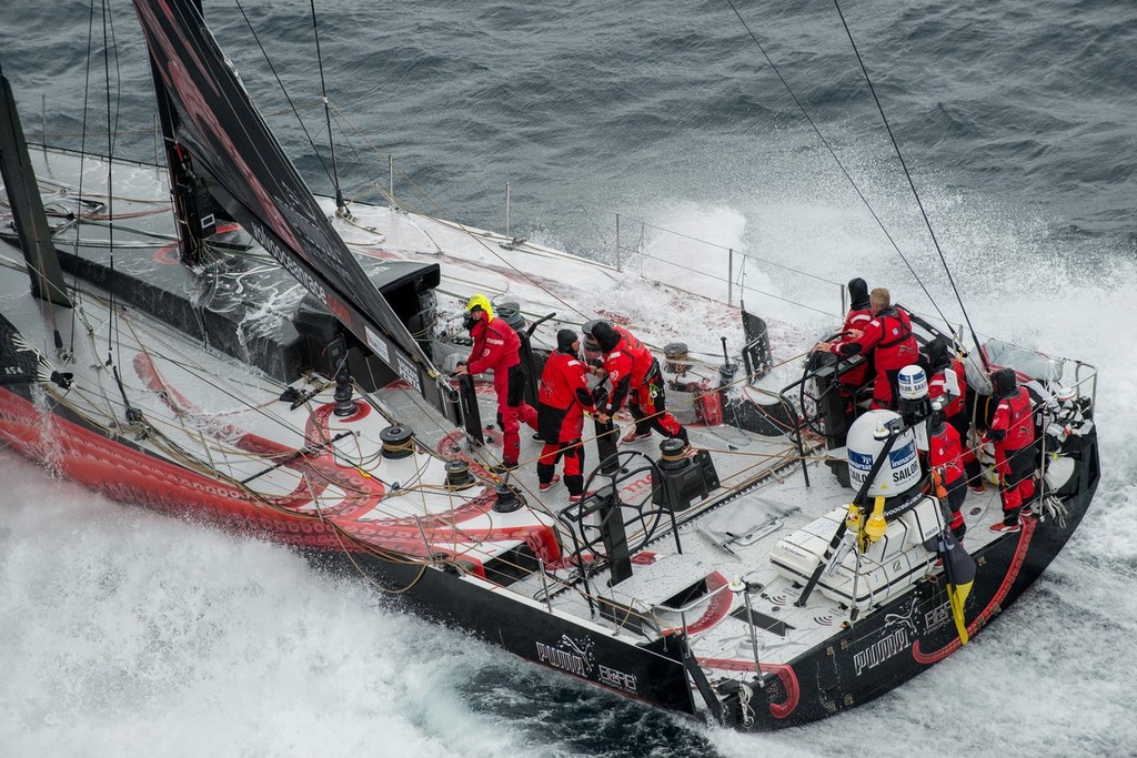 Puma Ocean Racing in tough seas, on the approach to the finish of leg 8, from Lisbon, Portugal, to Lorient, France, during the Volvo Ocean Race 2011-12. © Paul Todd/Volvo Ocean Race http://www.volvooceanrace.com