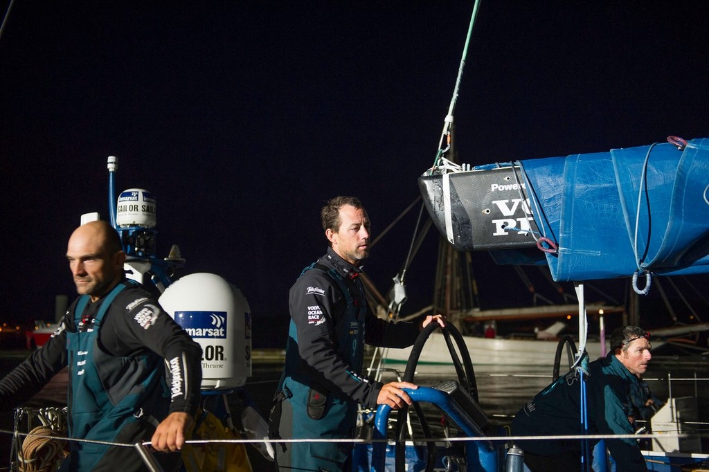 Team Telefonica, skippered by Iker Martinez from Spain pull into the dock at the finish of leg 8, from Lisbon, Portugal, to Lorient, France, during the Volvo Ocean Race 2011-12.  © Paul Todd/Volvo Ocean Race http://www.volvooceanrace.com