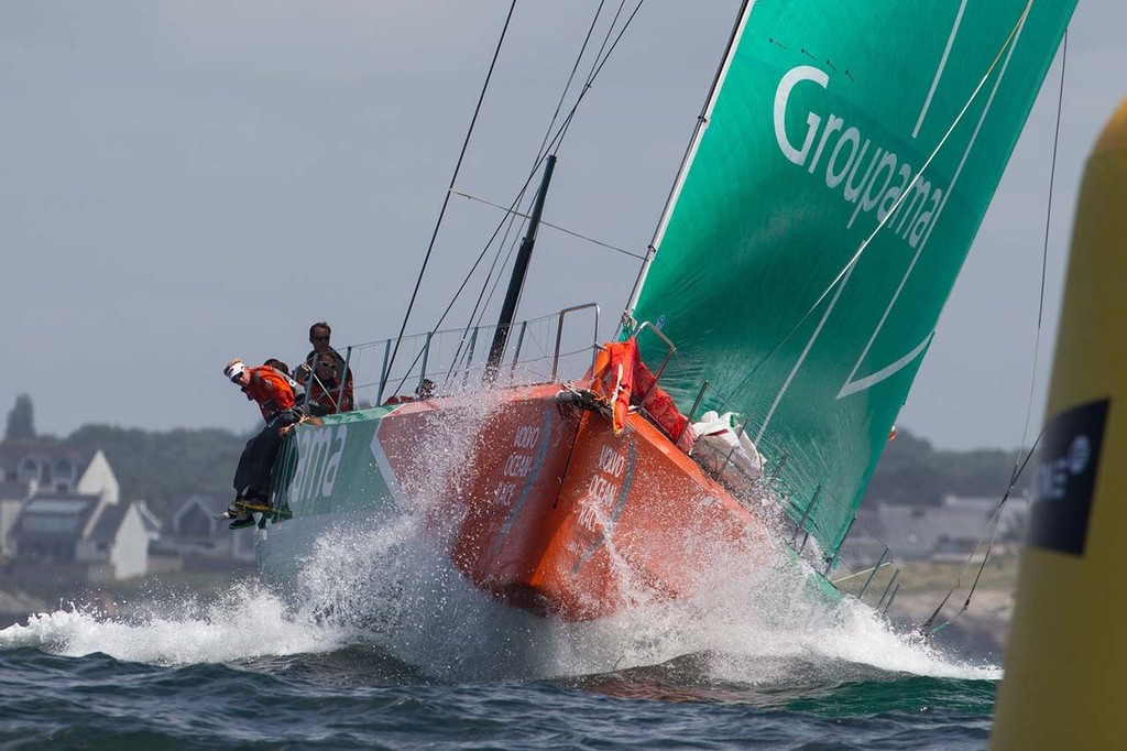 Groupama Sailing Team, skippered by Franck Cammas from France, approaching the rounding mark, in the Bretagne In-Port Race, in Lorient, France, during the Volvo Ocean Race 2011-12. © Ian Roman/Volvo Ocean Race http://www.volvooceanrace.com