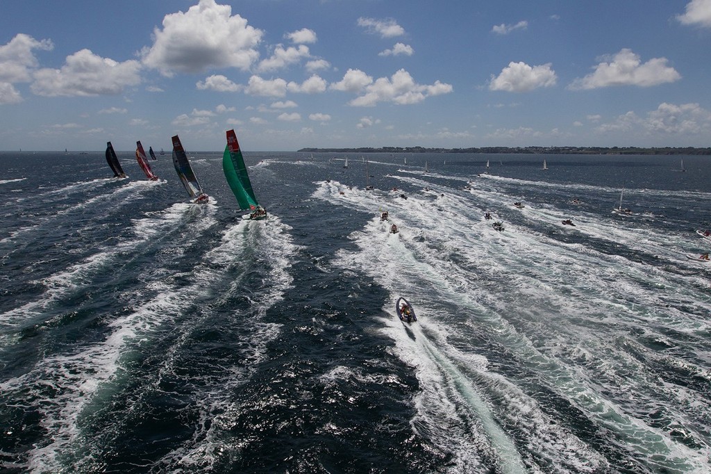 Groupama Sailing Team, skippered by Franck Cammas from France,
chase the fleet, at the start of leg 9 of the Volvo Ocean Race 2011-12, from Lorient, France to Galway, Ireland. (Credit: IAN ROMAN/Volvo Ocean Race) photo copyright Ian Roman/Volvo Ocean Race http://www.volvooceanrace.com taken at  and featuring the  class
