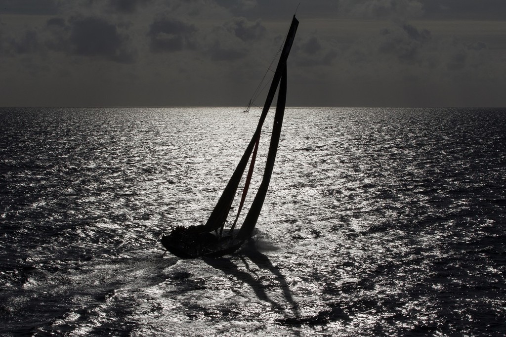 Silhouettes of the fleet, at the start of leg 9 of the Volvo Ocean Race 2011-12, from Lorient, France to Galway, Ireland. (Credit: IAN ROMAN/Volvo Ocean Race) photo copyright Ian Roman/Volvo Ocean Race http://www.volvooceanrace.com taken at  and featuring the  class