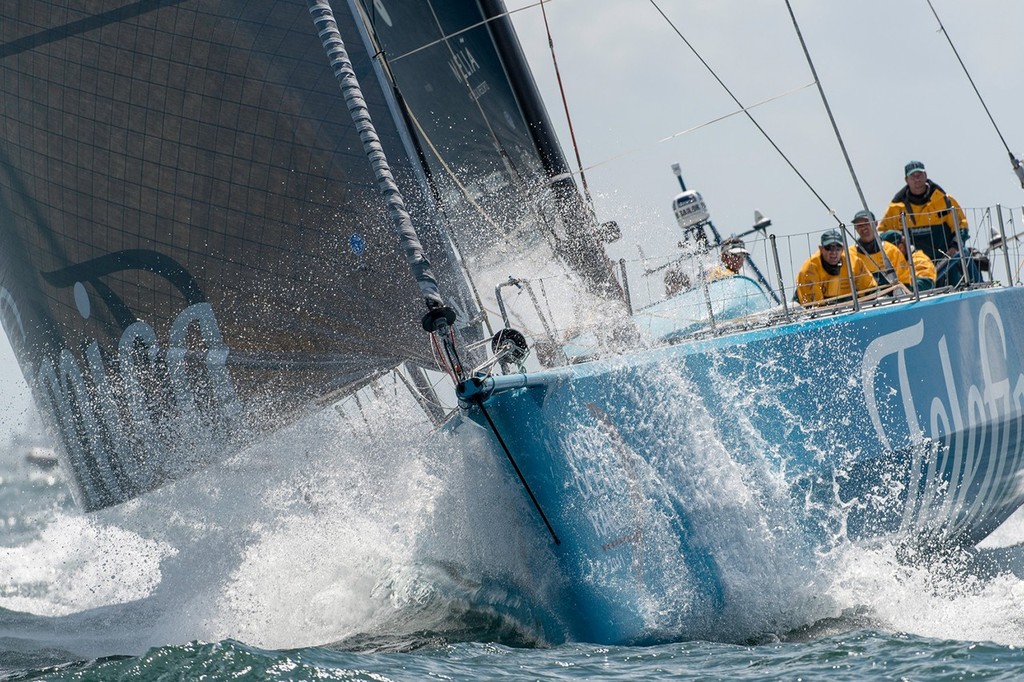 Team Telefonica, skippered by Iker Martinez from Spain, power through the sea, at the start of leg 9 of the Volvo Ocean Race 2011-12, from Lorient, France to Galway, Ireland. (Credit: PAUL TODD/Volvo Ocean Race) photo copyright Paul Todd/Volvo Ocean Race http://www.volvooceanrace.com taken at  and featuring the  class