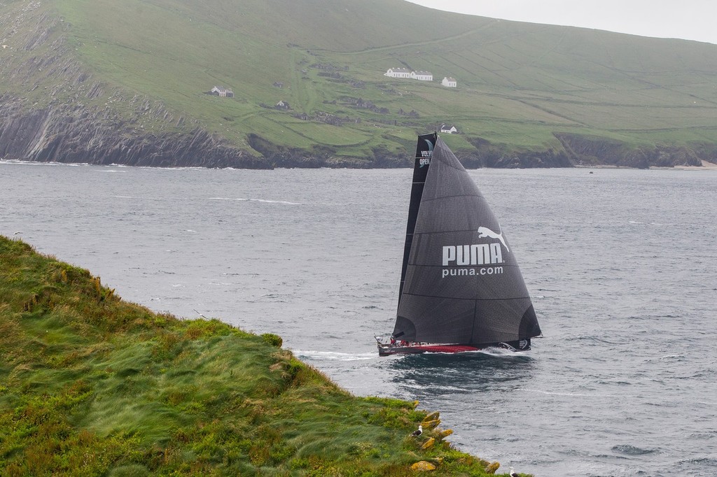 PUMA Ocean Racing powered by BERG, skippered by Ken Read from the USA, sailing up the Irish coast to the finish line, on leg 9 of the Volvo Ocean Race 2011-12, from Lorient, France to Galway, Ireland. (Credit: IAN ROMAN/Volvo Ocean Race) photo copyright Ian Roman/Volvo Ocean Race http://www.volvooceanrace.com taken at  and featuring the  class