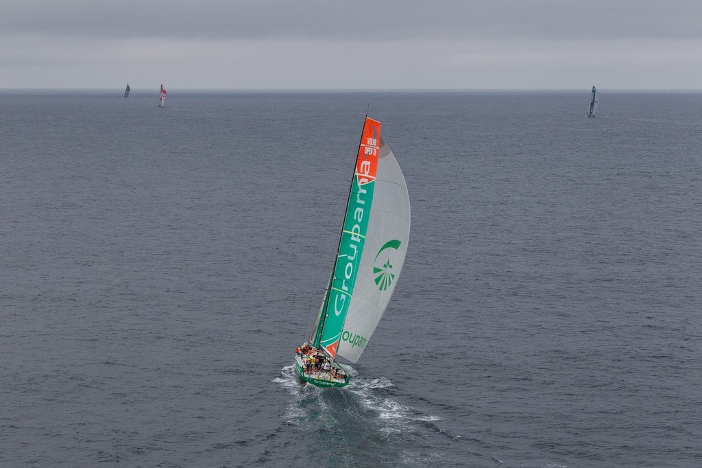 Groupama Sailing Team, skippered by Franck Cammas from France, sailing up the Irish coast to the finish line, on leg 9 of the Volvo Ocean Race 2011-12, from Lorient, France to Galway, Ireland. (Credit: IAN ROMAN/Volvo Ocean Race) photo copyright Ian Roman/Volvo Ocean Race http://www.volvooceanrace.com taken at  and featuring the  class