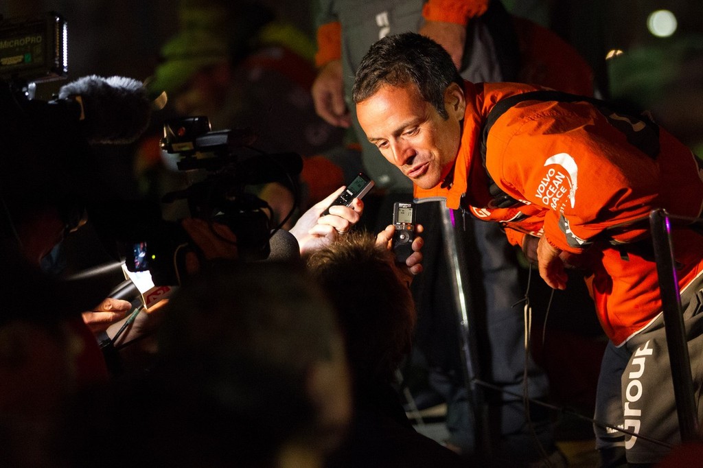 Groupama Sailing Team, skipper Franck Cammas from France, is interviewed, after winning the Volvo Ocean Race 2011-12, finishing second on leg 9 from Lorient, France to Galway, Ireland. (Credit: IAN ROMAN/Volvo Ocean Race) photo copyright Ian Roman/Volvo Ocean Race http://www.volvooceanrace.com taken at  and featuring the  class