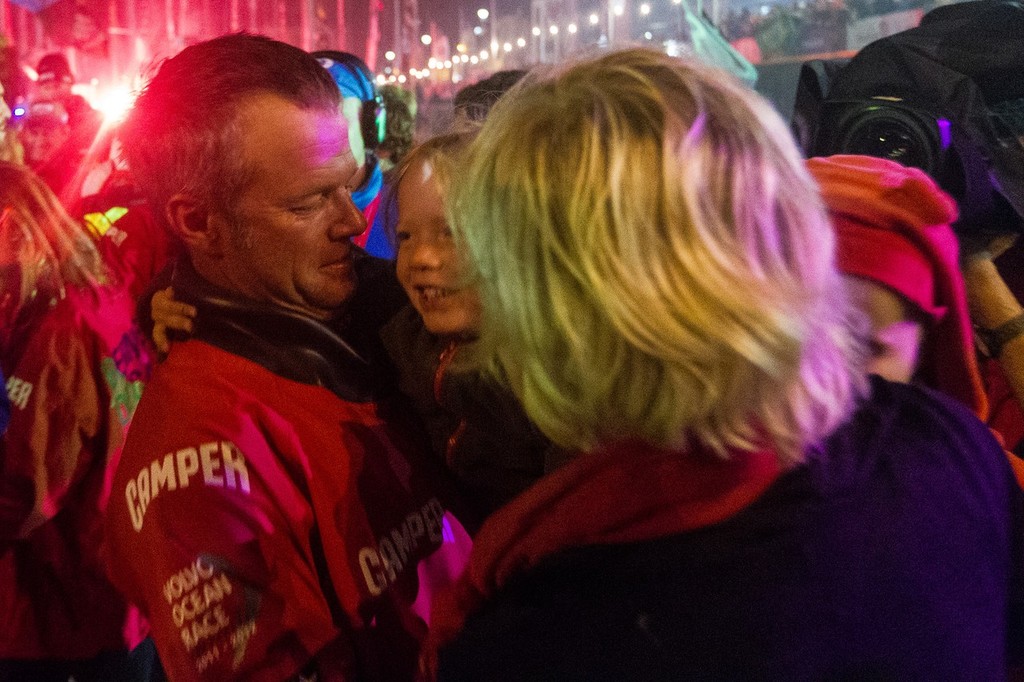 CAMPER with Emirates Team New Zealand, skipper Chris Nicholson from Australia is greeted on the dock by his family, after winning leg 9 of the Volvo Ocean Race 2011-12, from Lorient, France to Galway, Ireland. (Credit: IAN ROMAN/Volvo Ocean Race) photo copyright Ian Roman/Volvo Ocean Race http://www.volvooceanrace.com taken at  and featuring the  class