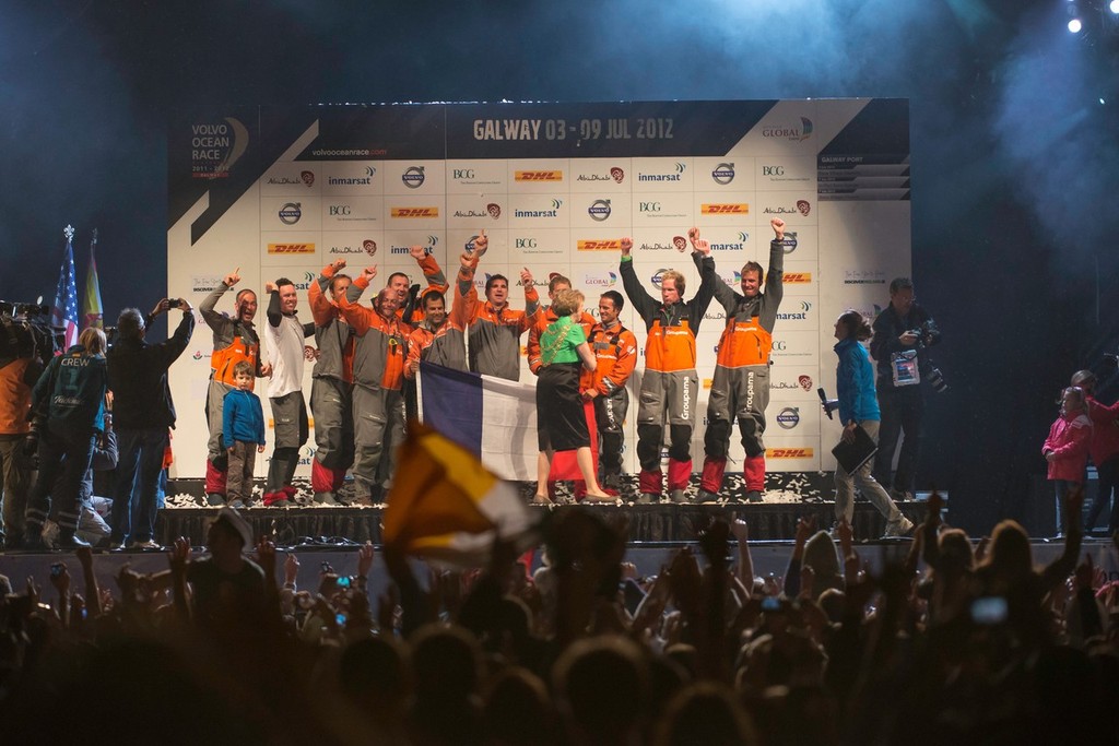 Groupama Sailing Team, skippered by Franck Cammas from France, celebrate winning the Volvo Ocean Race 2011-12, after securing second place on leg 9 from Lorient, France to Galway, Ireland. (Credit: PAUL TODD/Volvo Ocean Race) photo copyright Paul Todd/Volvo Ocean Race http://www.volvooceanrace.com taken at  and featuring the  class