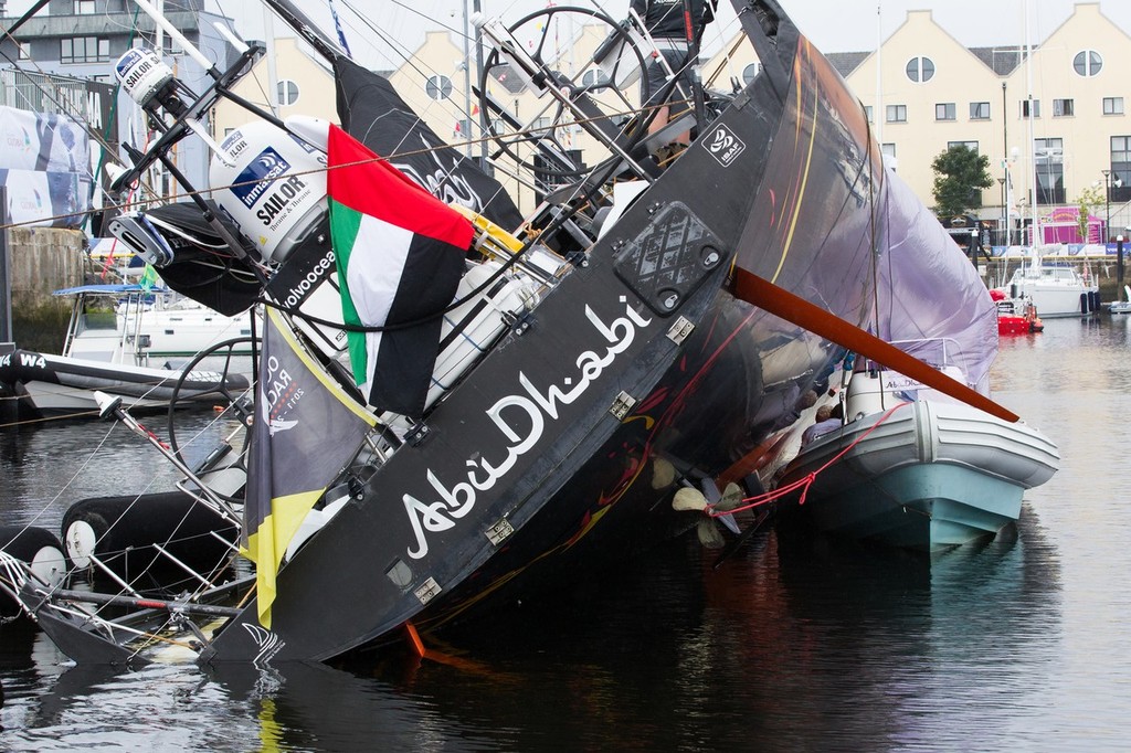 Abu Dhabi Ocean Racing make repairs to their damaged keel fairing in the Volvo Ocean Race village, in Galway, Ireland © Ian Roman/Volvo Ocean Race http://www.volvooceanrace.com