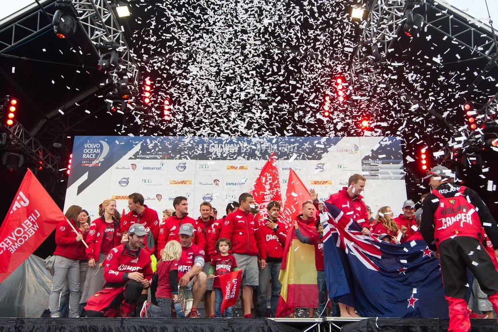 CAMPER with Emirates Team New Zealand, skippered by Chris Nicholson from Australia, second place overall in the Volvo Ocean Race 2011-12, at the final public prize giving, in Galway, Ireland, during the Volvo Ocean Race 2011-12. (Credit: IAN ROMAN/Volvo Ocean Race) photo copyright Ian Roman/Volvo Ocean Race http://www.volvooceanrace.com taken at  and featuring the  class