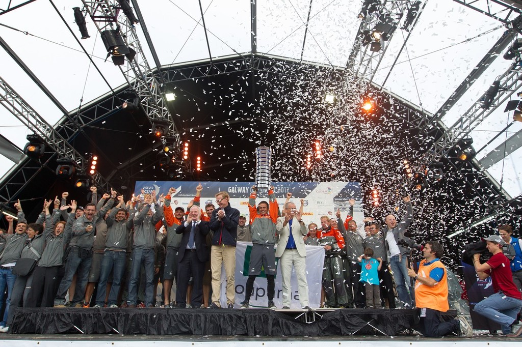 Olof Persson, CEO and President of Volvo Group and Stefan Jacoby, CEO and President of Volvo Car Corporation, present Groupama Sailing Team, skippered by Franck Cammas from France, with the Volvo Ocean Race for first place overall in the Volvo Ocean Race 2011-12, at the final public prize giving, in Galway, Ireland, during the Volvo Ocean Race 2011-12. (Credit: IAN ROMAN/Volvo Ocean Race) photo copyright Ian Roman/Volvo Ocean Race http://www.volvooceanrace.com taken at  and featuring the  class
