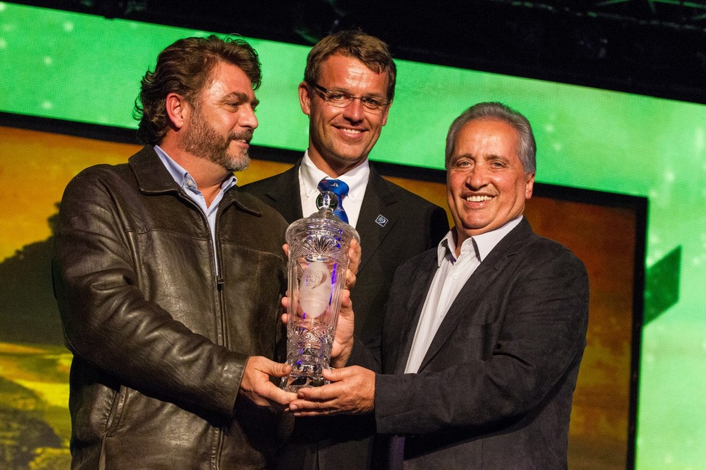 Knut Frostad, Volvo Ocean Race CEO, presents Glen Suba from the Itajai stopover Brazil, with the Host Port Environmental award for the Volvo Ocean Race 2011-12, at the Prize Giving Ceremony in Galway, Ireland, during the Volvo Ocean Race 2011-12. (Credit: IAN ROMAN/Volvo Ocean Race) photo copyright Ian Roman/Volvo Ocean Race http://www.volvooceanrace.com taken at  and featuring the  class