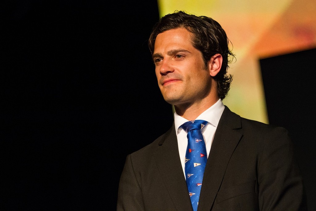 Prince Carl Philip of Sweden, about to present Groupama Sailing Team, skippered by Franck Cammas from France, with the award for first place for the Volvo Ocean Race 2011-12, at the Prize Giving Ceremony in Galway, Ireland., during the Volvo Ocean Race 2011-12.  © Ian Roman/Volvo Ocean Race http://www.volvooceanrace.com
