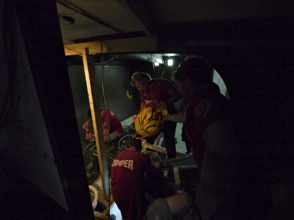 A full frenzy of labour in the bow onboard Camper in Puerto Montt, during Leg 5 of the Volvo Ocean Race 2011-12, from Auckland, New Zealand to Itajai, Brazil.  © Hamish Hooper/Camper ETNZ/Volvo Ocean Race