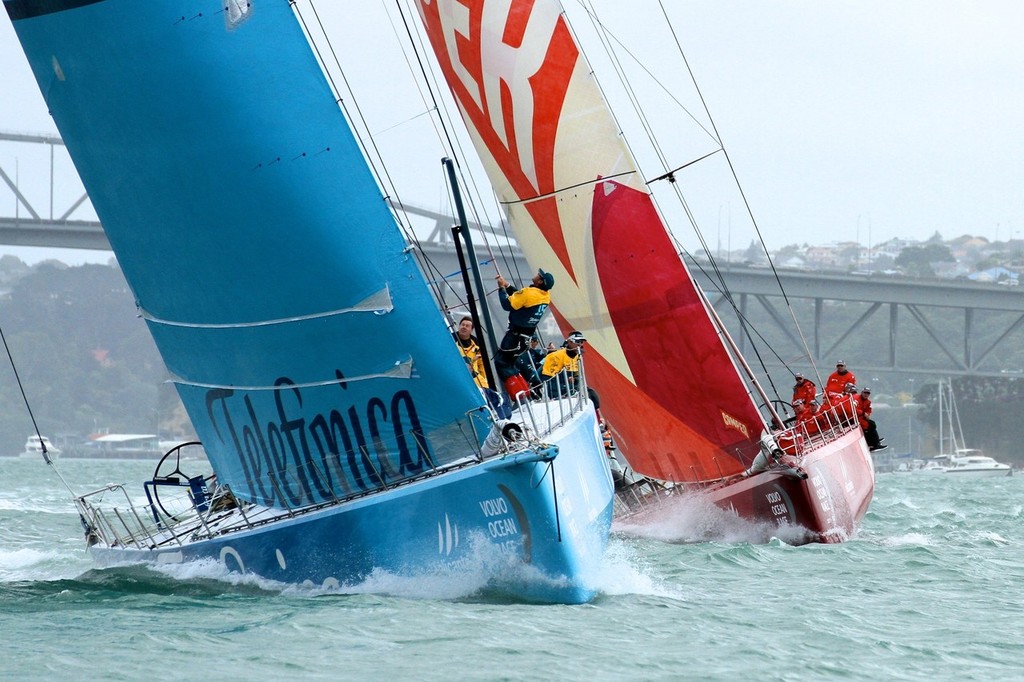 Overall race leader Telefonica is pursued by Camper after the first tack - Volvo Ocean Race Auckland - Start March 18,2012 photo copyright Richard Gladwell www.photosport.co.nz taken at  and featuring the  class